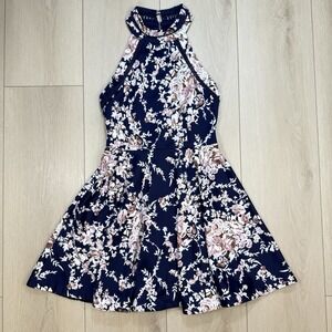 B Darlin Navy Floral Halter Fit Flare Dress Juniors 11/12 Lined Zip Back!!
